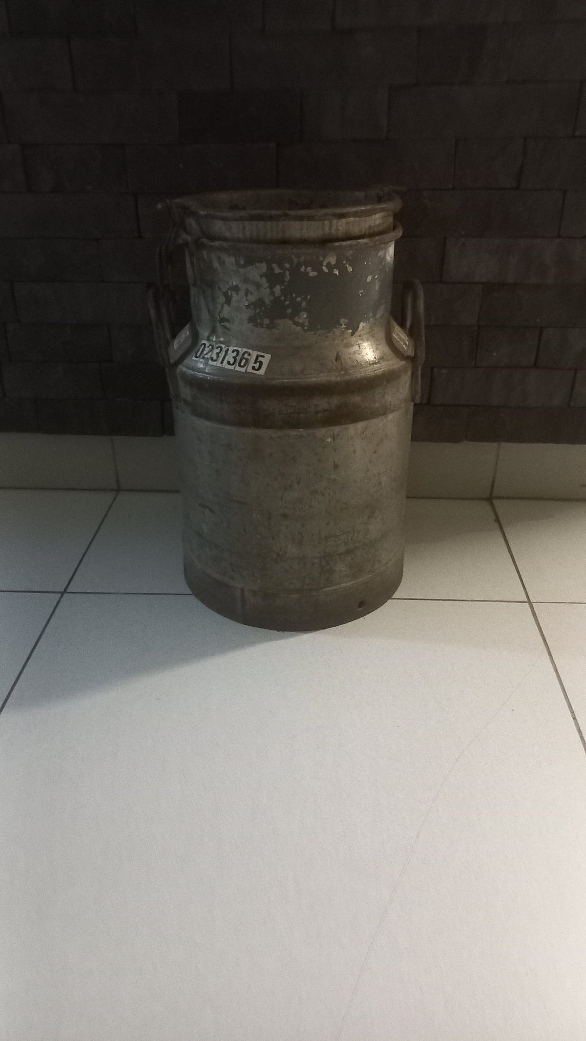 Vintage antique galvanised milk can with side handles and numbered tag