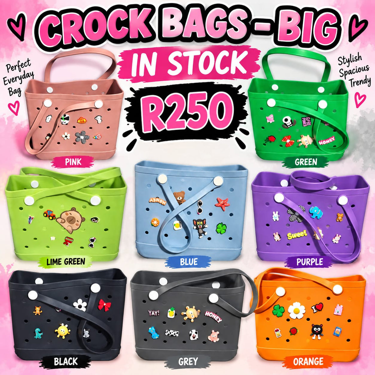 Crock Bags Big in 8 colours - Pink, Green, Lime Green, Blue, Purple, Black, Grey, Orange