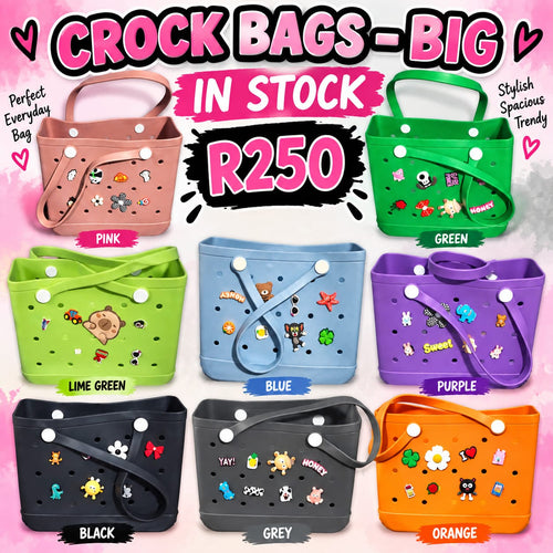Crock Bags Big in 8 colours - Pink, Green, Lime Green, Blue, Purple, Black, Grey, Orange