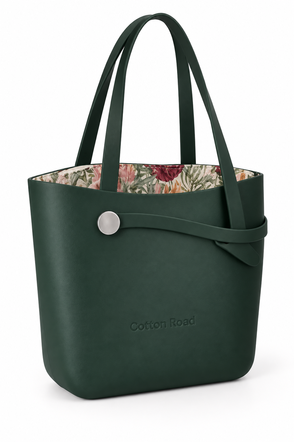 Cotton Road Tote Bag - Forest Green with Floral Lining