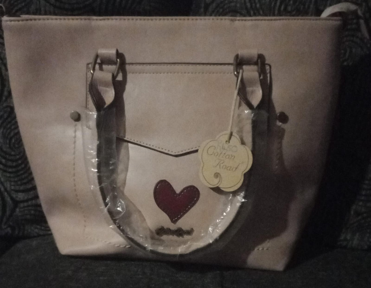 Cotton Road cream faux leather tote bag with burgundy heart appliqué and silver-tone hardware