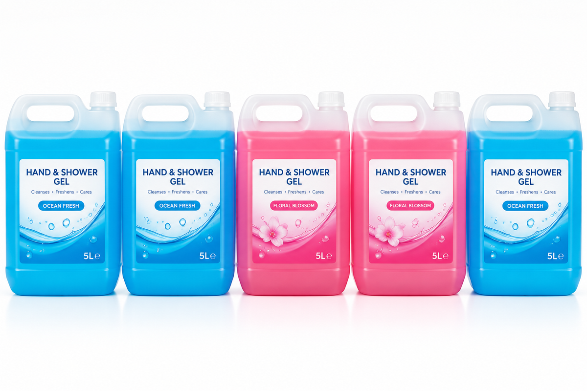 Hand and shower gel 5L jerry cans blue and pink studio photo