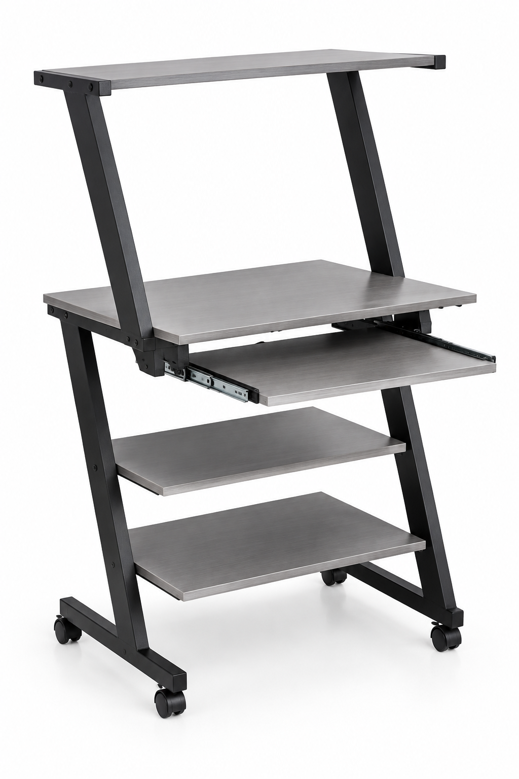 Grey steel computer stand with shelves studio photo