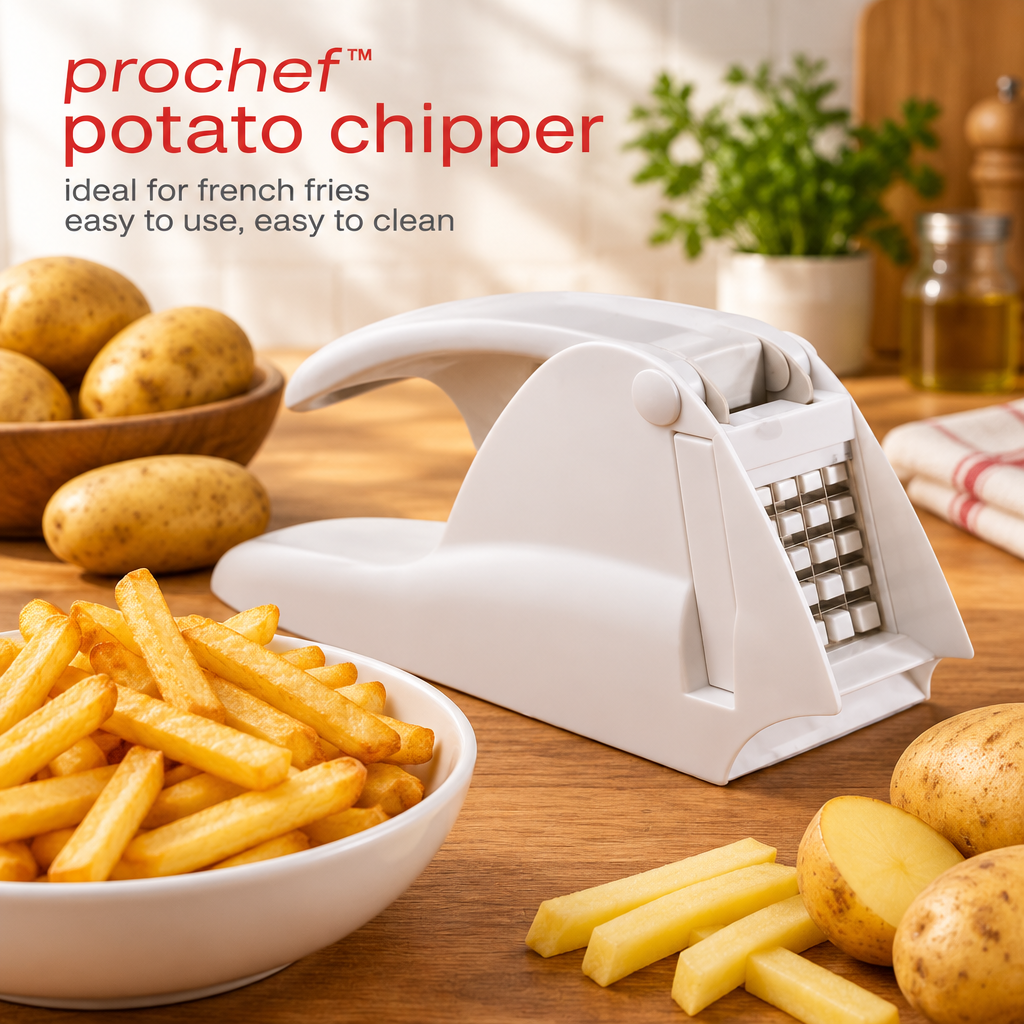 Prochef potato chipper displayed with fresh potatoes and golden french fries