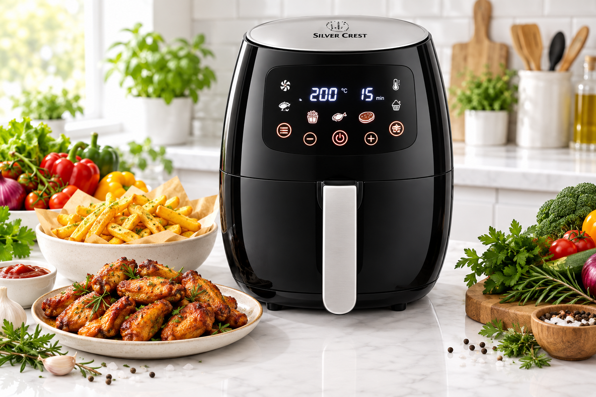 Silver Crest Air Fryer with digital touch controls displayed on a kitchen counter surrounded by fresh food